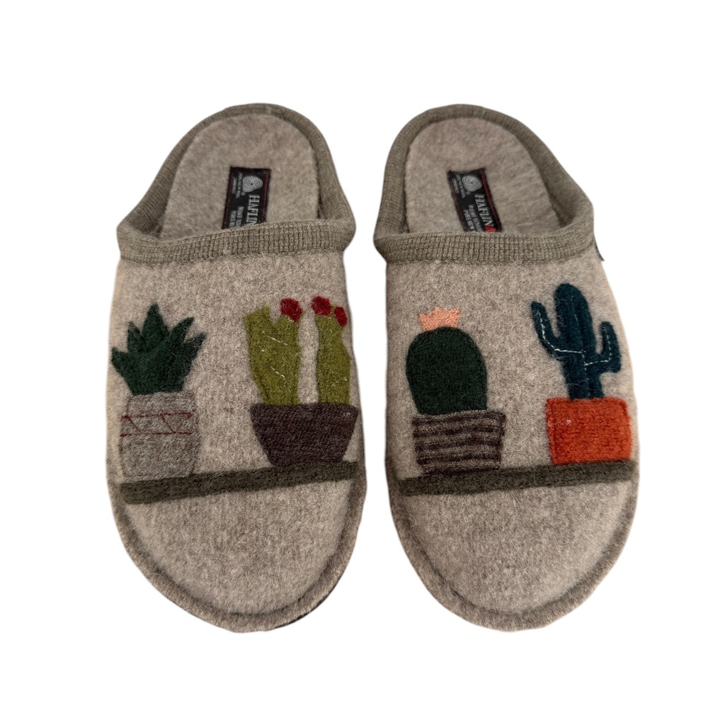Haflinger Gray Wool Cactus Succulent Applique Slipper Mules Womens 39 8 Slip on